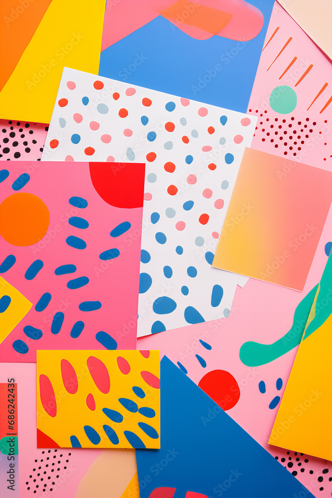 photo of paper sheets flat lay with geometric and floral risograph prints, vibrant, neon colors, modern background.