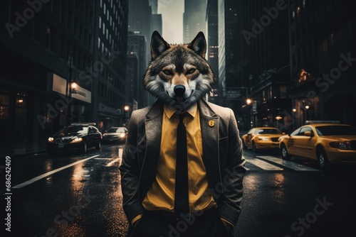 Wolf man dressed in gray suit with jacket, yellow shirt and tie on business street. Businessman on wall street. Marketing and broker concept photo