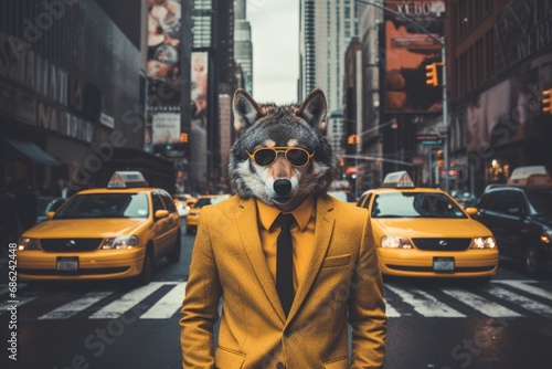 Wolf man dressed in gray suit with jacket, yellow shirt and tie on business street. Businessman on wall street. Marketing and broker concept