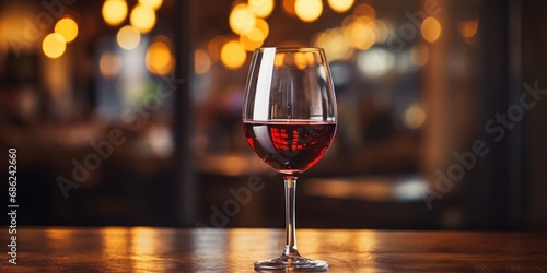 A single glass of red wine in the warm light of a cozy bar.