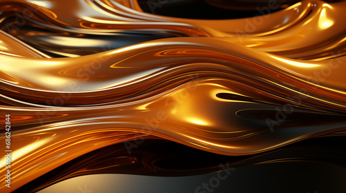 Golden waves. Dark golden theme background with golden liquid and reflection