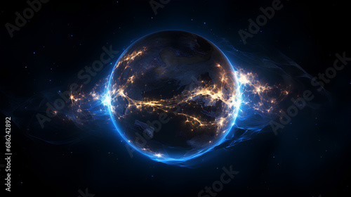 Panoramic view of the globe from space. Bright light protruding in profile.