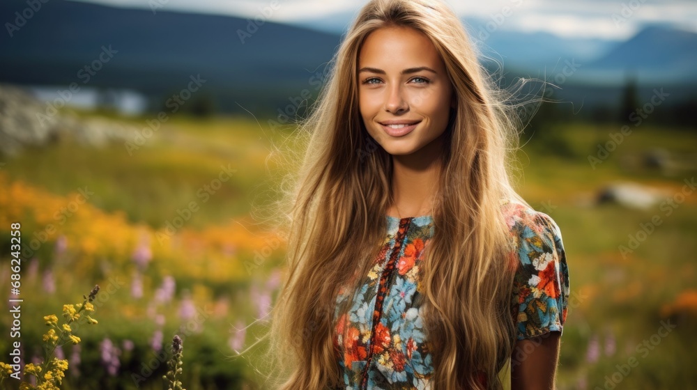 Norwegian young lady with beautiful face and dress with nature scenery in background
