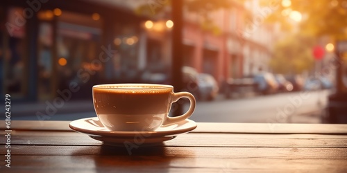 A white coffee cup with a spoon  with a cafe in the background.