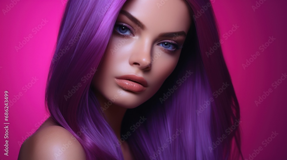 Portrait of a beautiful girl with pink hairs, blue eyes and purple background 


