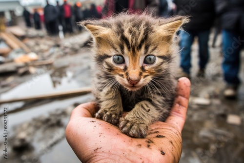 Unhappy lonely dirty homeless kitten sitting outdoor. Problem of homeless rejected animals. Animal without home. Human care, protecting and animal shelter concept photo