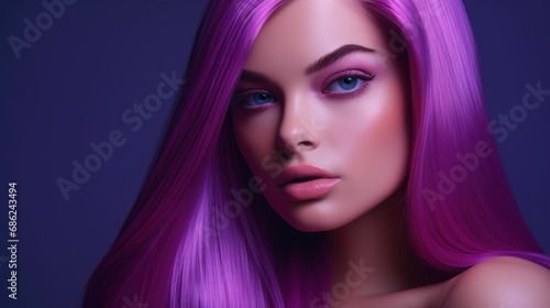 Portrait of a beautiful girl with pink hairs, blue eyes and purple background