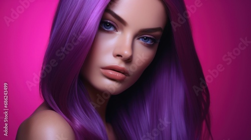 Portrait of a beautiful girl with pink hairs, blue eyes and purple background