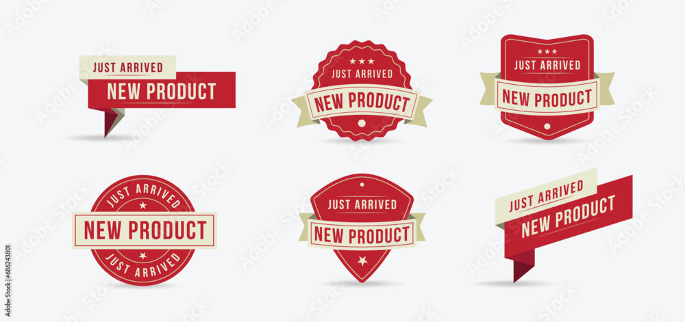 New Items Label Design just arrived new product flat labels set in retro style with ribbon ...