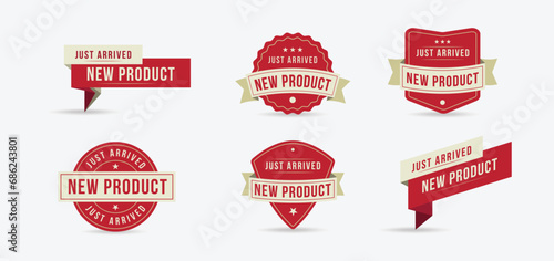 just arrived new product flat labels set in retro style with ribbon banners and stars in frames, Vector illustration. Classic, Design for social media, print lables, poster banner etc