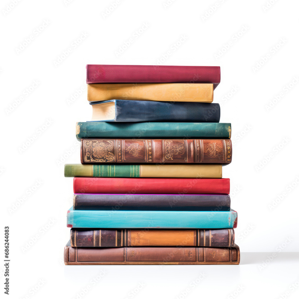 Diverse Collection of Books Neatly Stacked Showcasing a Range of Genres and Titles Isolated on Clean White Diverse Collection of Books Neatly Stacked Showcasing a Range of Genres and Titles Isolated on Clean White