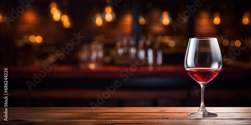 A glass of red wine stands out against a warmly lit wooden bar.
