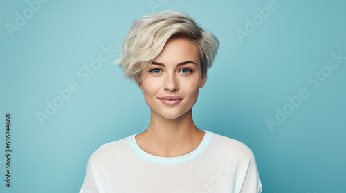 Portrait of a beautiful young woman with short blond hair smiling. ai generative
