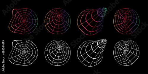 Collection of colorful 3d sphere mesh. Unique shapes structure model concept with dots and line grid.