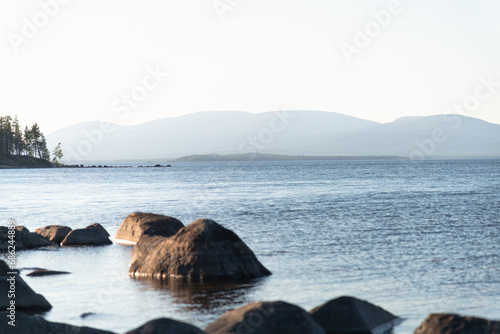 landscape with forest, sea and mountains. Kandalaksha, Murmansk region photo