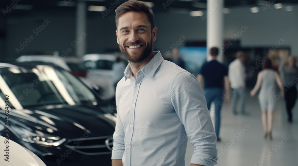 Man happy customer for buyer new car auto, male want buy automobile in showroom vehicle dealership store motor show indoor Sales Man happy customer for buyer new car auto, male want buy automobile in showroom vehicle dealership store motor show indoor Sales