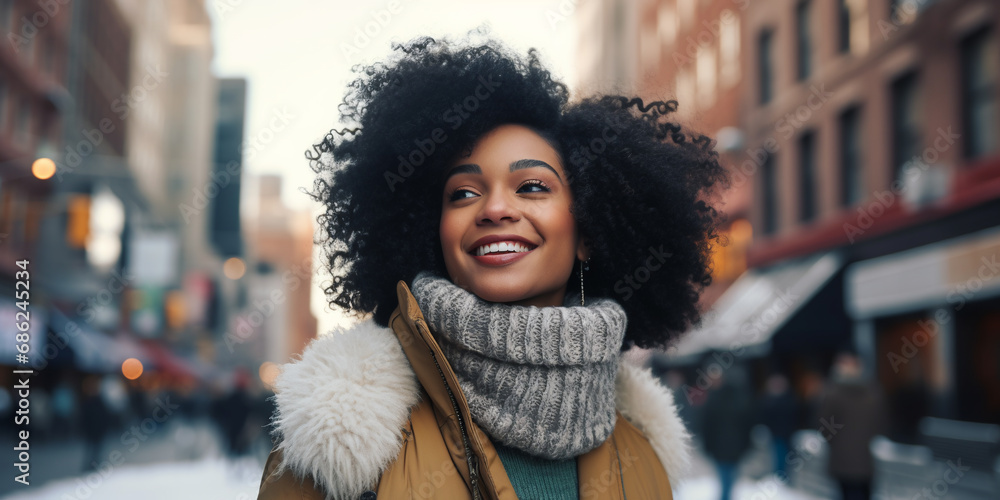 Portrait of a beautiful smiling black woman against the backdrop of a winter city. ai generative Portrait of a beautiful smiling black woman against the backdrop of a winter city. ai generative