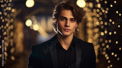 handsome man in a black suit against a background of lights. ai generative