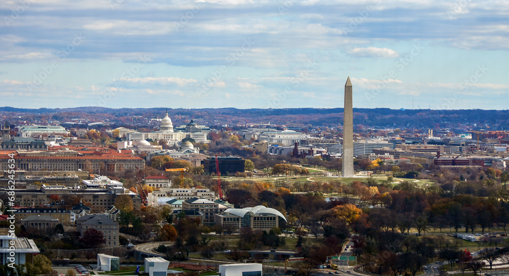 Washington DC skyline and monuments seen from an observation deck in Arlington, Virginia. U.S. Capitol dome is at left, tall Washington Monument is at right.