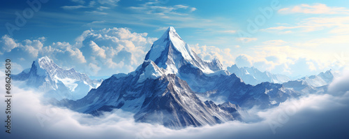 snow-capped mountain peak rising above the clouds. ai generative
