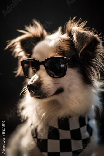 Portrait of cute dog in sunglasses and checkerboard collar on black background © tynza