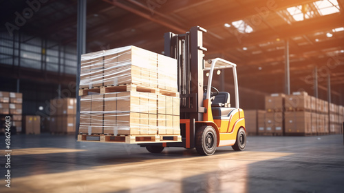 forklift in warehouse with boxes. Sending goods to clients. Shipment of supplies Warehouse delivery. Logistics transport trucks. ai generative photo