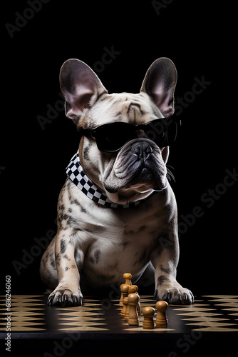 Portrait of French Bulldog in sunglasses and checkerboard collar laying on the checkerboard floor with chessmen on dark background © tynza