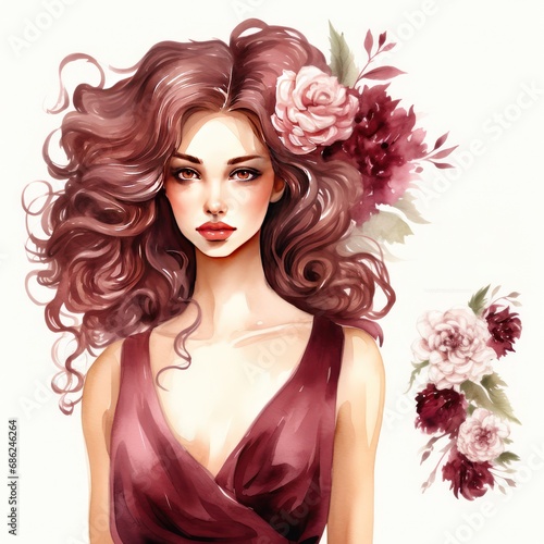 Pretty Girl in Burgundy Palette Watercolor Clipart