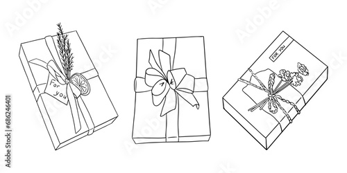 Set of vector hand drawn doodle gift boxes for holiday. Modern print design. Christmas, Valentines, birthday concept compositions. Perfect for tattoo, sticker, decoration, printout
