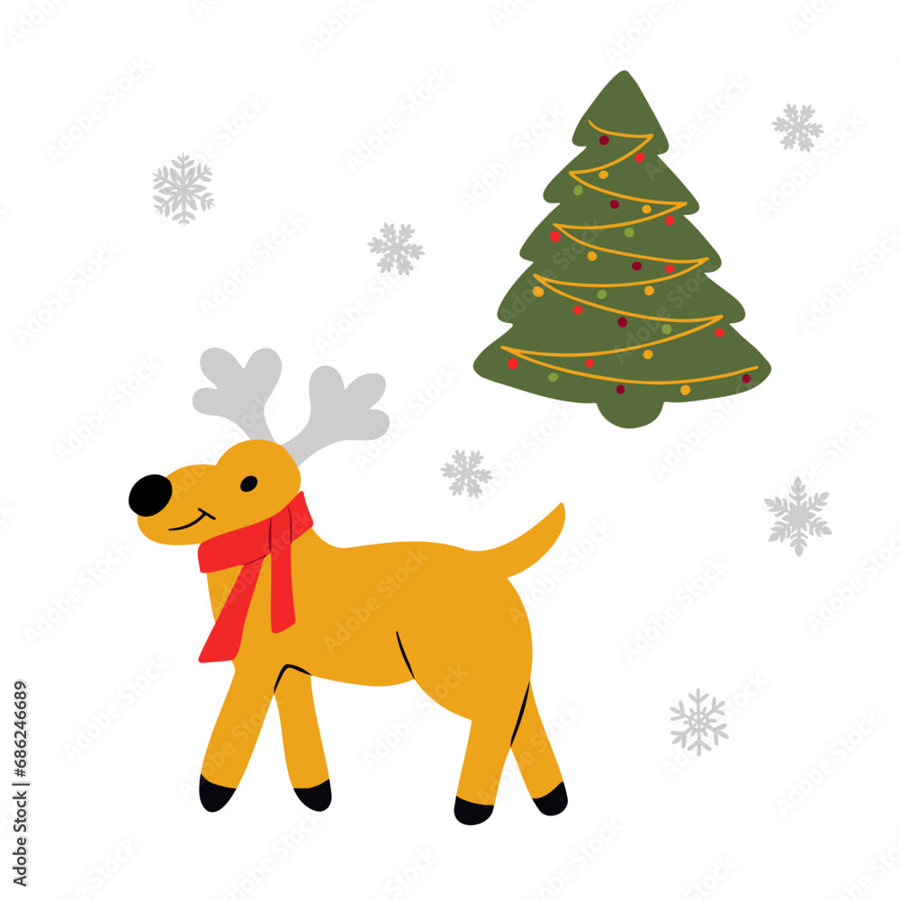 Flat vector hand drawn reindeer and Christmas tree. Christmas traditional character, Santa Claus friend with red scarf in kids cartoon style. Good for Christmas decoration, stickers, pattern Flat vector hand drawn reindeer and Christmas tree. Christmas traditional character, Santa Claus friend with red scarf in kids cartoon style. Good for Christmas decoration, stickers, pattern