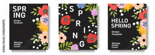 Set of trendy minimal spring posters with bright beautiful flowers and modern typography. Spring background, cover, sale banner, flyer design. Template for advertising, web, social media.
