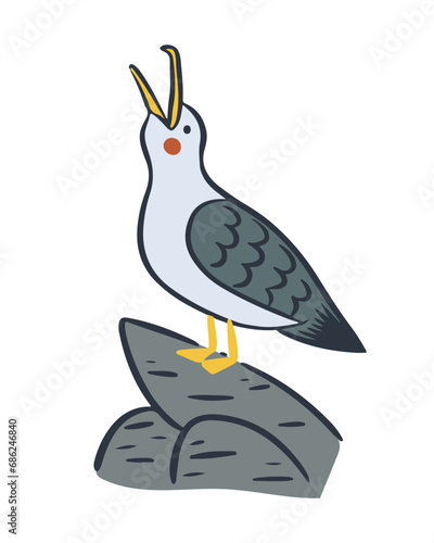 Cute screaming hand drawn seagull staying on rock. Sea bird in cartoon kawaii style. Summer holiday concept character. Ideal for sea style decoration, sticker,