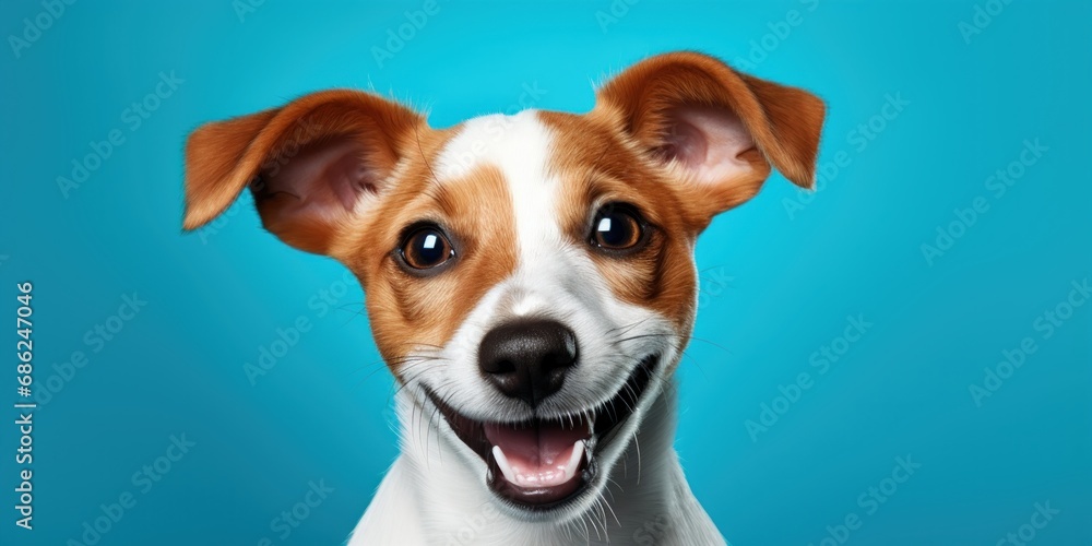 A cheerful dog with bright eyes, on a blue background.