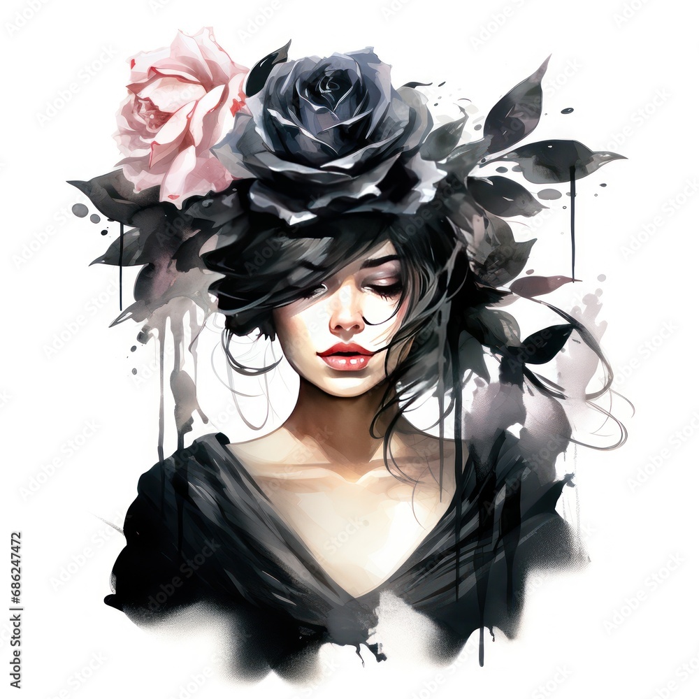 Black Rose Lady Watercolor Clipart