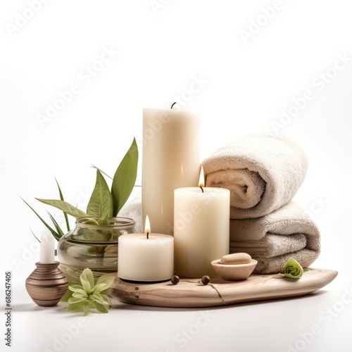 Spa Setting with Aromatic Candles on White Background