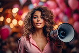 Beautiful girl with megaphone in hands on pink background.