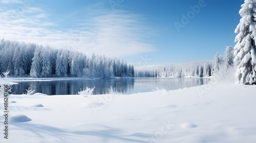 A frozen lake surrounded by snow-covered trees, showcasing winter's beauty.
