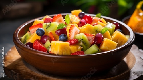 A refreshing fruit salad with a mix of tropical fruits and a drizzle of honey.