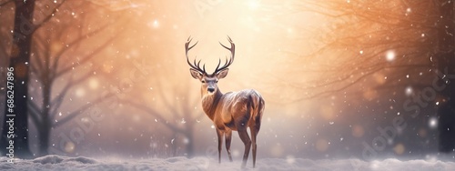 Red deer stag in the winter forest. Noble deer male. Banner with beautiful animal and magic lights. Wildlife scene from the wild nature snowy landscape. Wallpaper, Christmas background  © ratatosk