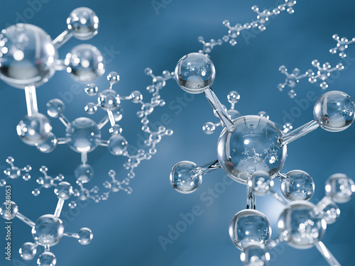 Biotechnology science analysis concept,transparent atom and molecule water structure,blue background, from microscope in laboratory, chemistry, medical research and development,3d render illustration