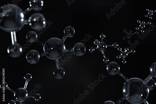 Biotechnology science analysis concept,transparent atom and molecule water structure,blue background, from microscope in laboratory, chemistry, medical research and development,3d render illustration