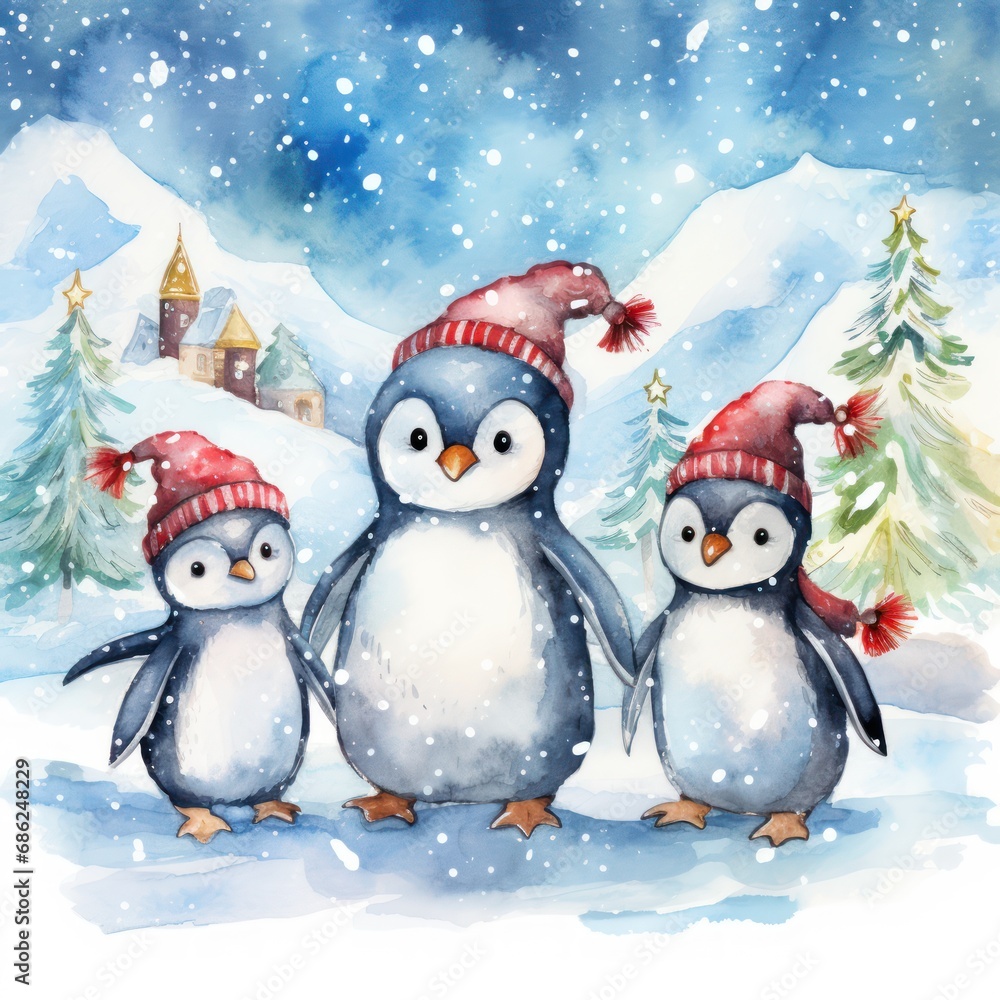 Friendly Penguins Celebrating the Holiday Season
