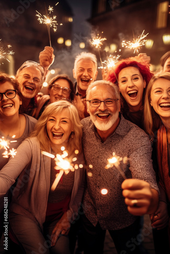Happy family celebrating christmas, new year with sparkling fireworks and spalkler lights during night party - Group of people of different ages having fun. People concept