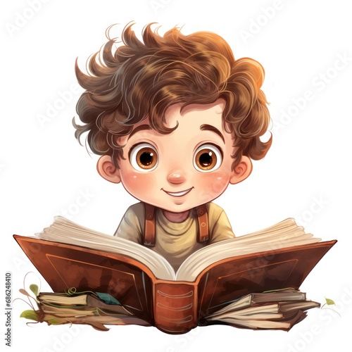 Curious Image of a Child Reading a Book Isolated on a White Background