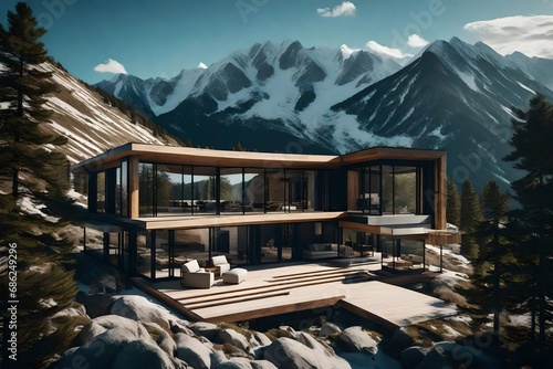 "Generate a contemporary mountain retreat with expansive windows showcasing breathtaking alpine views and luxurious amenities."
