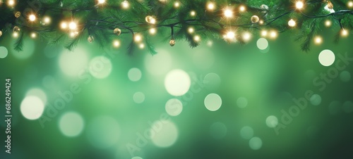 Christmas holiday decoration and illumination concept. Garland bokeh lights over green background.