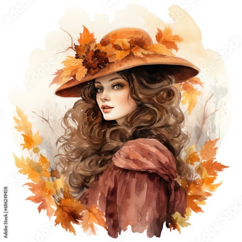 Victorian Lady in Autumn's Enchanting Florals in Exquisite Watercolor Clipart