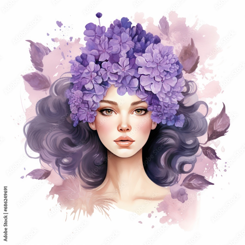 Lilac Flower Lady in Watercolor Clipart