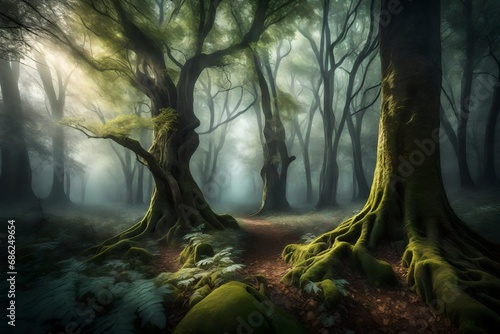 "Create a mystical forest background with ancient trees, soft fog, and ethereal light filtering through the foliage." © Mazhar