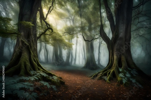 "Create a mystical forest background with ancient trees, soft fog, and ethereal light filtering through the foliage."